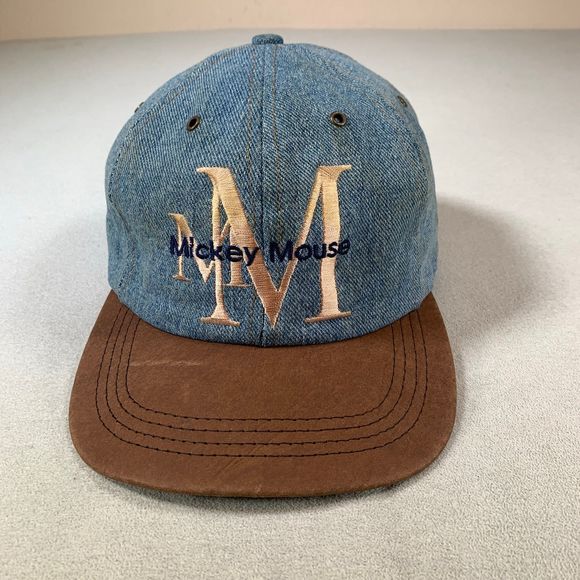 VINTAGE Mickey Mouse Hat Cap Strapback Blue  Denim Leather Adult USA 90s goofy main image 7